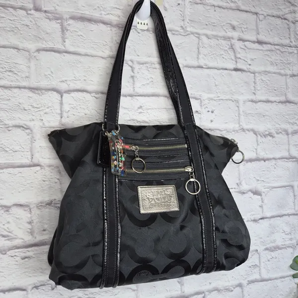 Coach Poppy Glam Tote 13826 Op Art Signature Jacquard Black Shoulder Bag Y2K VTG - Image 2