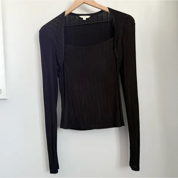 Nap Small Loungewear Rib Knit Bolero Top Square Neck Black Metallic Minimal - Image 2