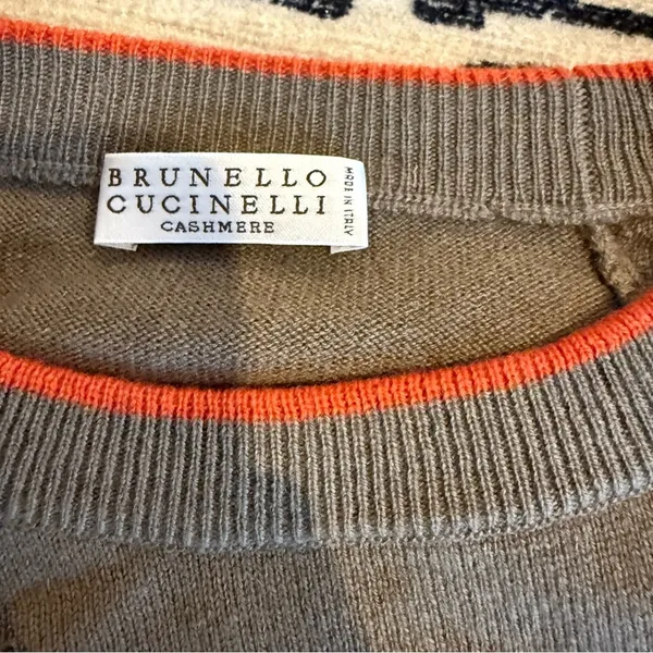 Brunello Cucinelli 100% Cashmere Sweater Brown Orange Trim S - Image 3