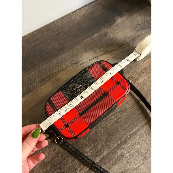 Coach Red Black Buffalo Plaid Pebble Leather Double Zip Crossbody Camera Bag - Image 9