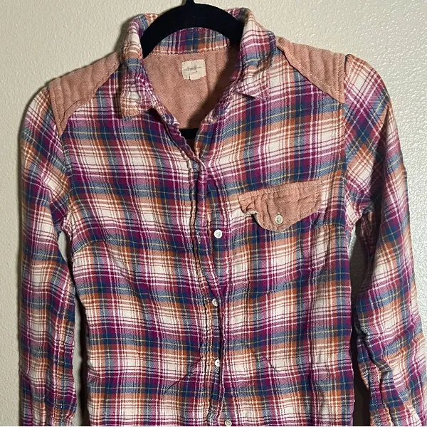 Aritzia Wilfred Plaid Button-Up Shirt with Pink Accents size XS Bohemian‎ western - Image 2