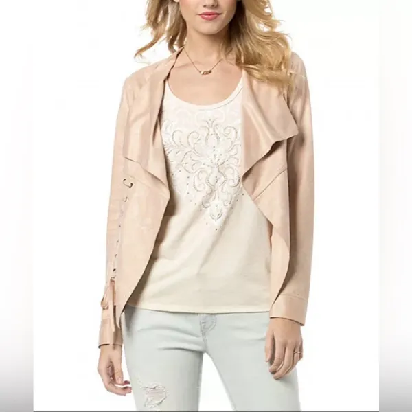 Miss Me Jacket Women Small Beige Crop Faux Suede Criss Cross Lace Up Fairygoth - Image 3