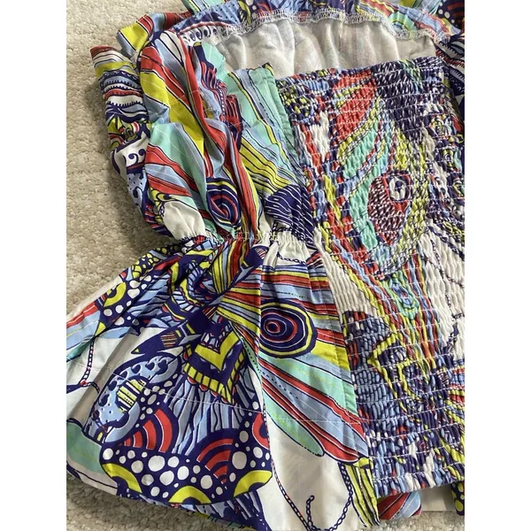 Anthropologie Strapless Smocked Ruffle Blouse Multicolor Cotton Abstract XS - Image 8
