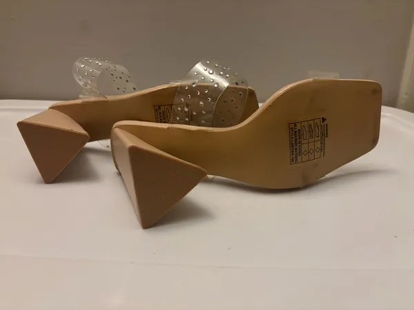 0² Denim Mudd Nude Heeled Sandals with Clear Rhinestone Straps - Image 3