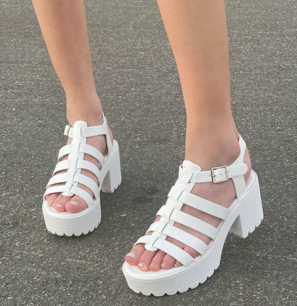 White Snake Print Gladiator Cage Lug Sole Chunky Heel Wedge - Image 3