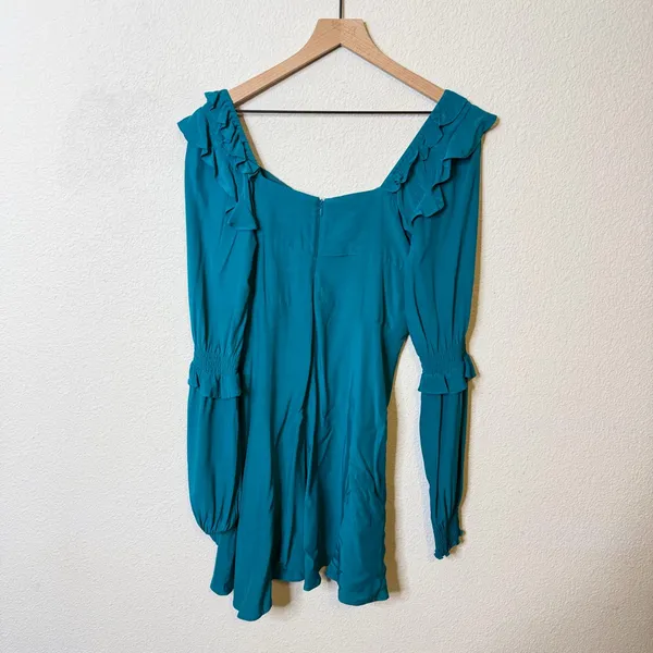 For Love & Lemons Teal Blue Ruffle Long Sleeve Mini Peasant Dress Womens Size M‎ - Image 6