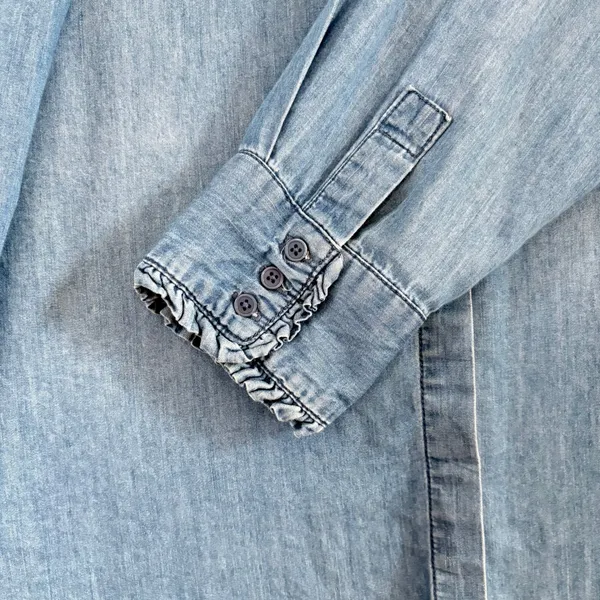 Kensie Jeans Blue Denim‎ Shirt Ruffle Mandarin Collar Long Sleeve Light Wash XL - Image 8