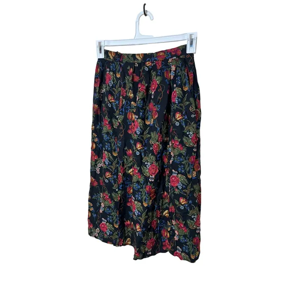 Vintage Susan Bristol Petite Floral Midi Skirt Black‎ Red Roses Grapes Size 8 - Image 4