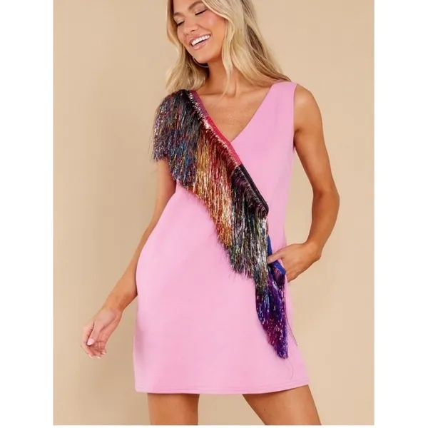 Queen of Sparkles Women Dress Medium Pink Diagonal Metallic Fringe Party Event - Image 10
