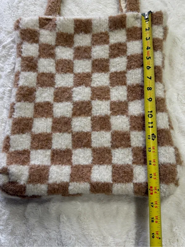 Free People Cozy Checkered Knit Tote Bag | Soft Fuzzy Neutral Bookbag Market - Image 4