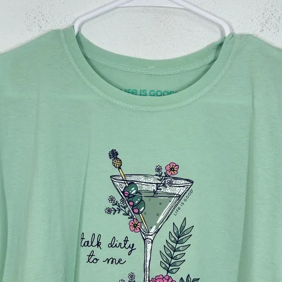 Life is Good Floral‎ Martini Talk Dirty To Me Graphic T Shirt Light Green Medium - Image 6