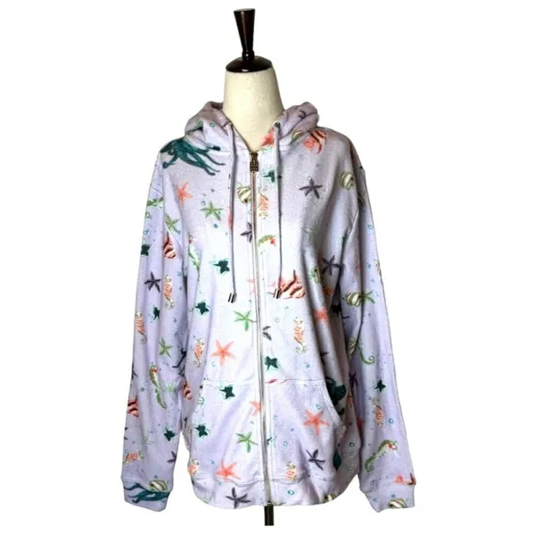 Hill House The Allie Zip Up Sweatshirt Women XS Purple Sea Creatures Hooded‎ - Image 2