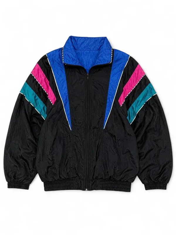 Black Bomber Jacket with Blue, Teal & Pink Panels - Image 2