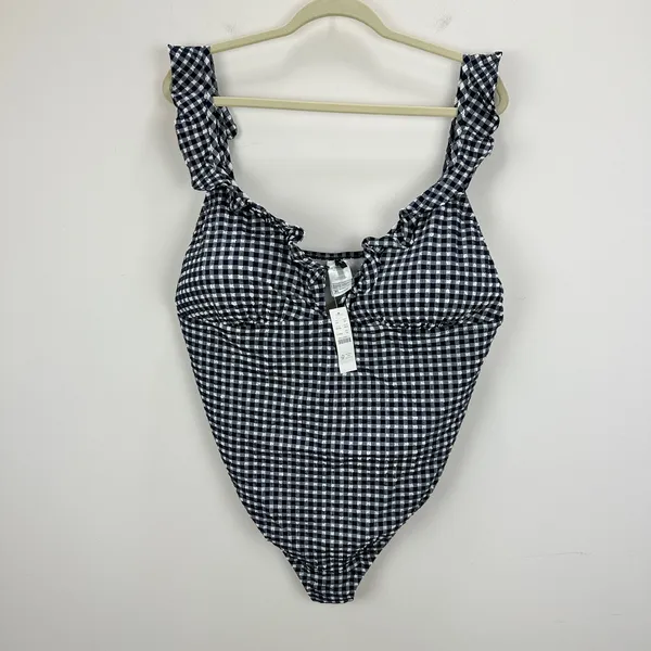 J.Crew Ruffle V Neck One Piece Gingham Swimsuit Padded Navy Retro US 24 NWT - Image 3