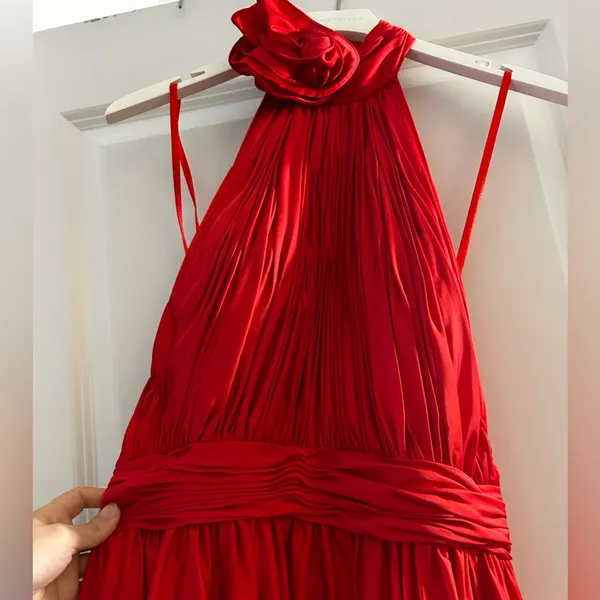 Mac Duggal Red Halter Maxi Dress with High Slit - Image 4