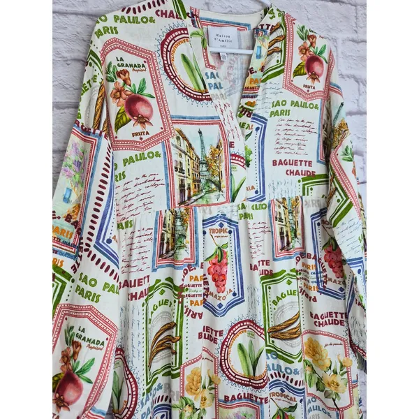 Maison d’Amelie Paris Stamp Postcard Midi Maxi Dress XS Novelty Travel European - Image 5