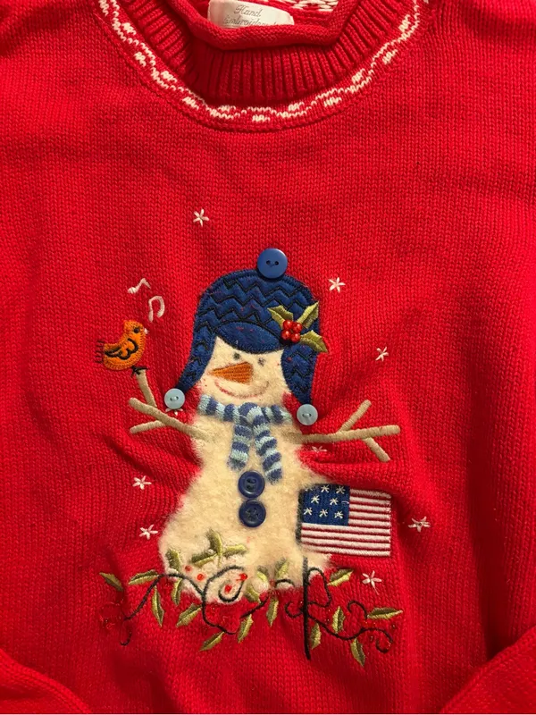 Vtg Christopher & Banks Red Snowman Embroidered Crewneck Sweater Cottagecore - Image 2