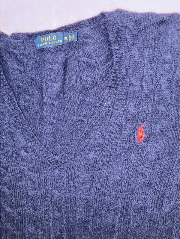 Polo Ralph Lauren Wool Cashmere Cable Knit V-Neck Sweater Navy XL - Image 4