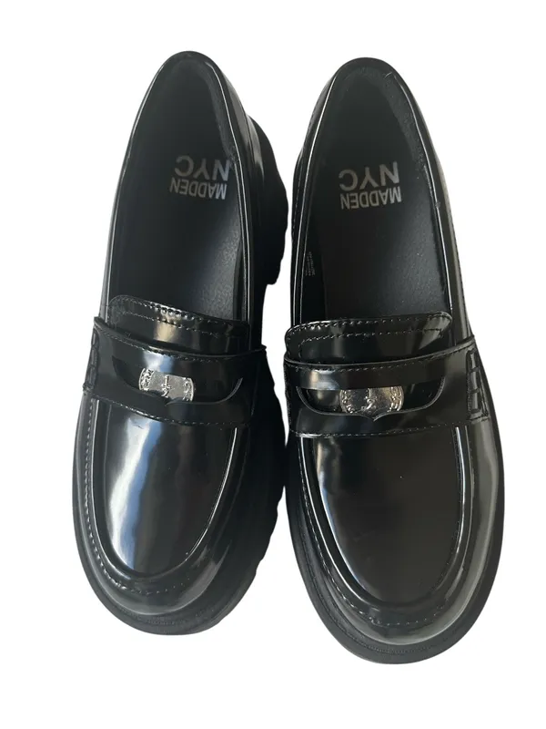 Madden NYC Platform Lug Sole Penny Loafers in shiny black patent finish. - Image 3