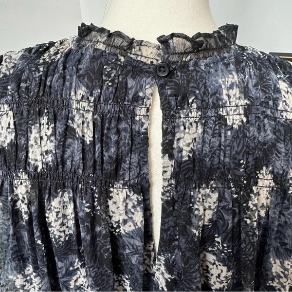 Joie Abstract Floral Smocked Peplum Dress Blue High Neck Sleeveless size XL‎ - Image 3