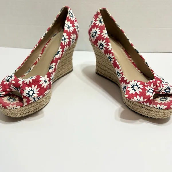 Tory Burch Dory Red Floral Canvas Peep Toe Wedge Espadrilles Size 7.5 Beachy - Image 11
