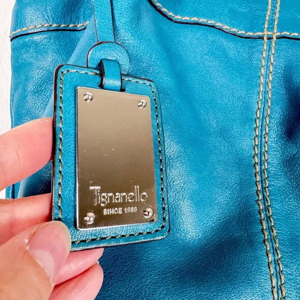 Tignanello Teal Blue Leather Tote Bag Satchel Striped Satin Lining Boho Slouchy - Image 4