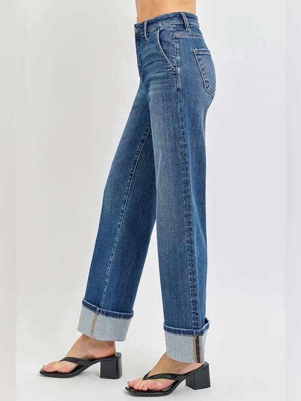 005- Risen Tummy Control High Rise Ankle Wide Leg Cuffed Jeans Size 32 - Image 2