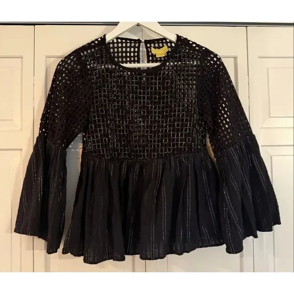 Anthropologie Maeve black beaded bell sleeve top size 2 - Image 3