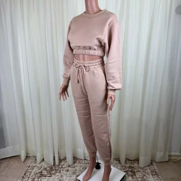 Zenana 2 Pcs Crop Sweatshirt Tracksuit Jogger Pants Set Outfit Active Loungewear Pale Peach Size Large - Image 3