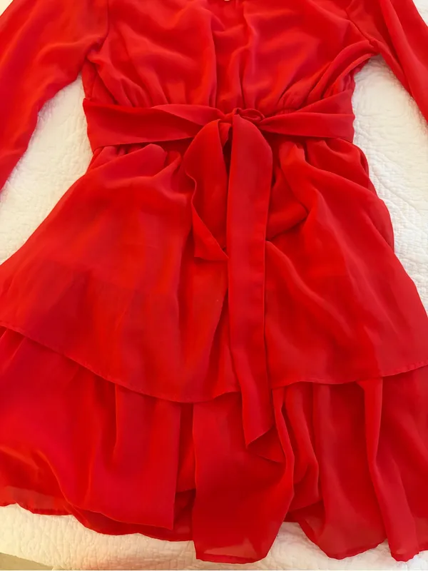 Japna Bright Red Mini Dress with Long Sleeves - Image 3