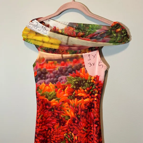 Zara Picante Pepper Mesh Fruit Vegetable Print Off Shoulder Maxi Dress Red Small - Image 3