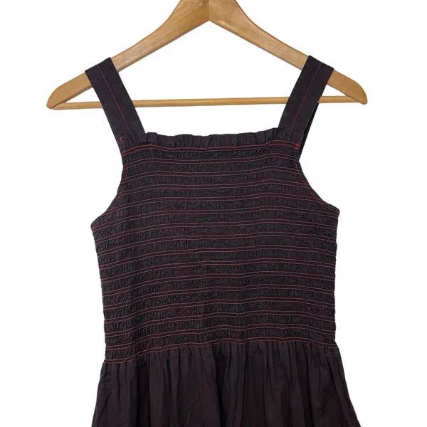 Everlane Smocked Midi Dress Espresso Brown Rust Contrast Stitch Pockets Womens S - Image 4