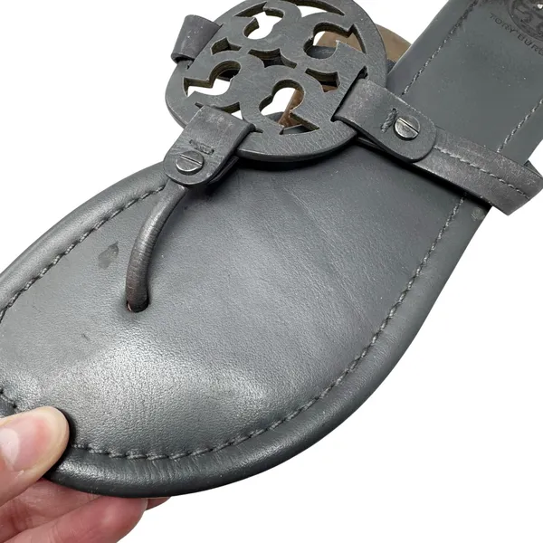 TORY BURCH Gray Grey Leather Miller Classic Designer Logo Sandals Flip Flop Sz 9 - Image 8