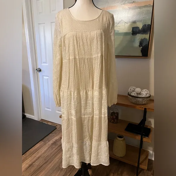 Free People Gemma Eyelet Lace Midi Dress XS Cream Cottage Core Prairie Romantic - Image 3
