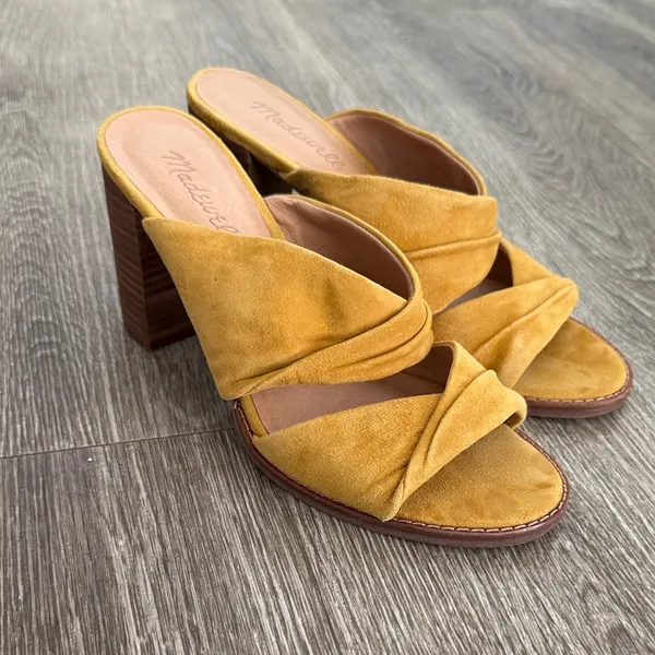 Madewell Sari leather suede crisscross block heel sandals mustard yellow 7.5 - Image 2