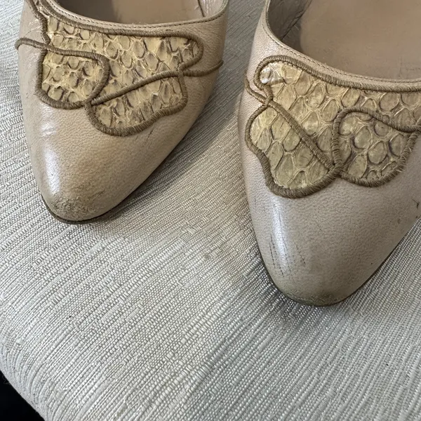 Bally Vintage Pumps Cream Leather Womens Shoes Size 7.5N Italy Snakeskin‎ Blush - Image 8