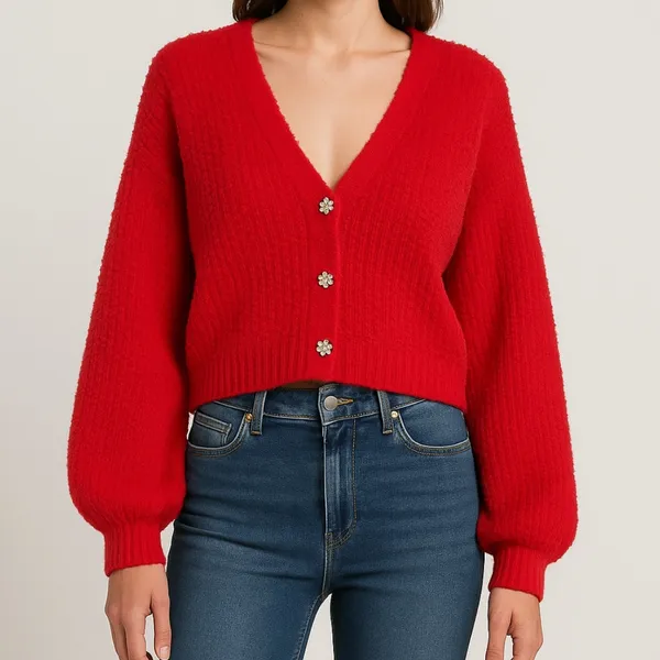 No Boundaries Red Knit Cardigan Rhinestone Buttons Size L (11–13) (A189)✨ - Image 2
