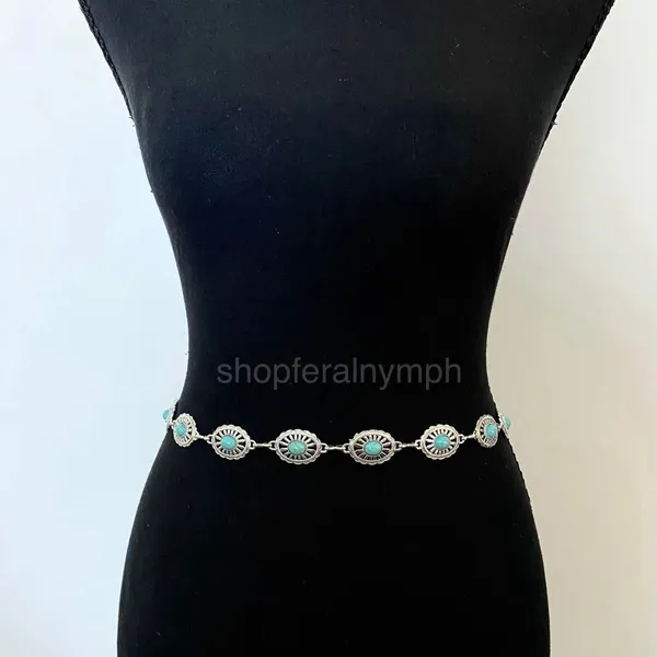 Silver Turquoise Oval Western Boho Chain Belt, Fits 24-43 Inches, X7GA1264 - Image 4