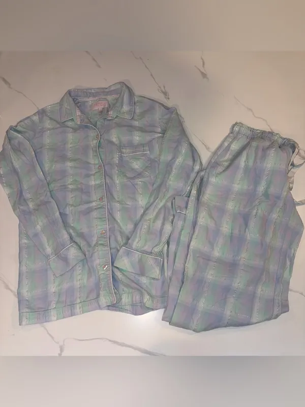 Victoria's Secret Aqua & Purple Pastel Plaid Flannel Pajama Set Women's Small‎ - Image 9
