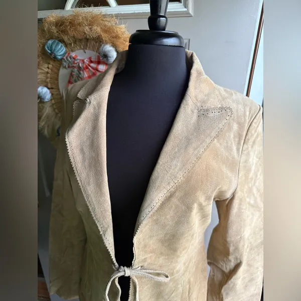 Y2K vintage Me Jane nude suede open front tie blazer, size large - Image 3