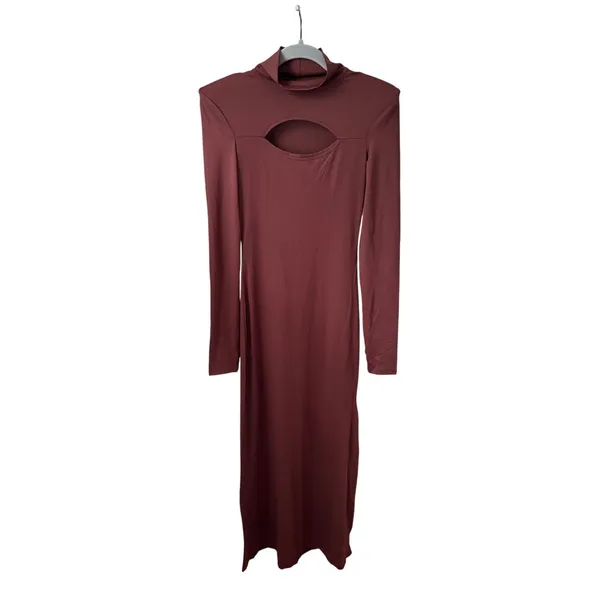 Womens Brown Cut Out Bodycon Maxi Dress Small Long Sleeve Mock Neck Shoulder Pad - Image 2