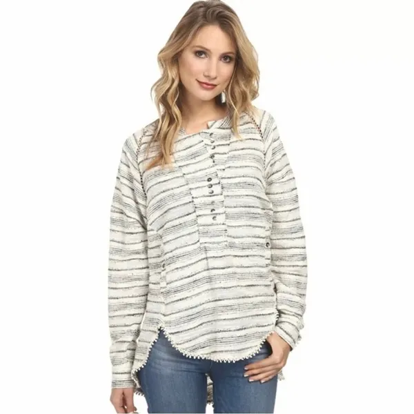 Free People Women's Henley Textured Striped Pullover Top Small - Image 2
