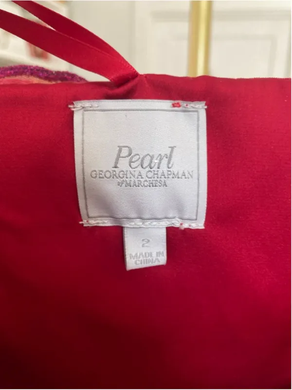 Pearl‎ Marchesa Mini Dress Red Strapless Embroidered Tulle Cocktail Glamour Luxe - Image 4