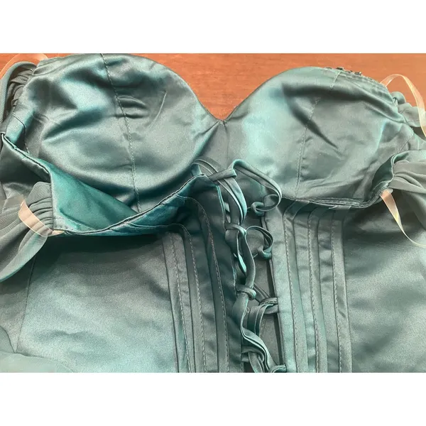 Teal Sequin Corset Mini Dress Off Shoulder Ruffle Tiered Lace Up Prom Formal S/M - Image 5