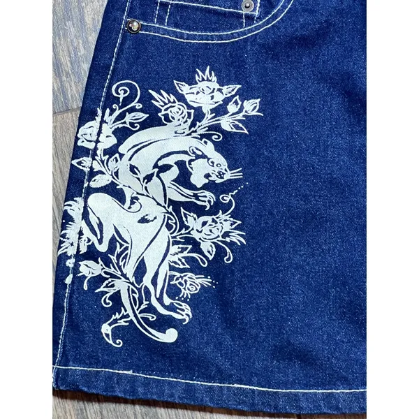 Ed Hardy Denim Mini Skirt Y2K Panther Rose Tattoo Blue Size Large Full Zip Retro - Image 5