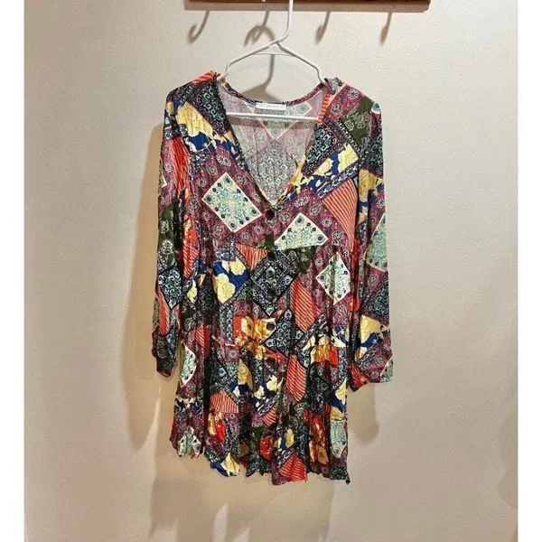 Ces femme Women Small Artsy Folksy Bohemian Patchwork Colorful Fall Chic Dress - Image 4