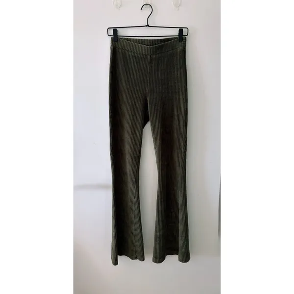 AERIE Groove-On Rib Olive Green Velour High Waist Flare Pants Womens Small - Image 3