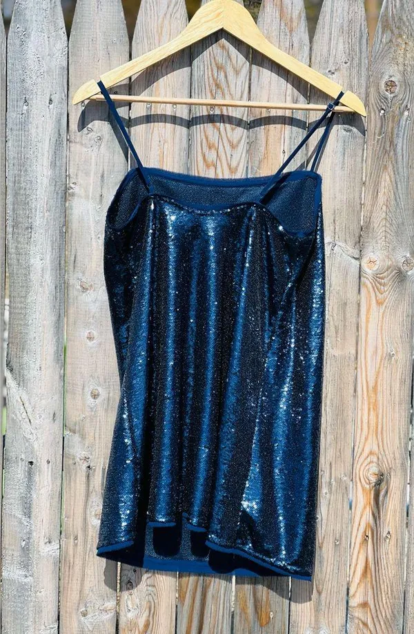 Free People Time to Shine Navy Blue Sequin Slip Dress - Image 15