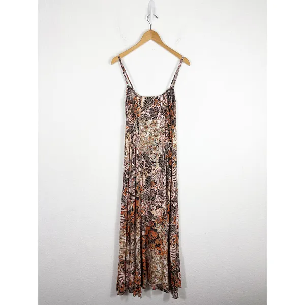 Free People Forever Yours Smocked Slip Maxi Dress Small Brown Black Floral Boho - Image 13