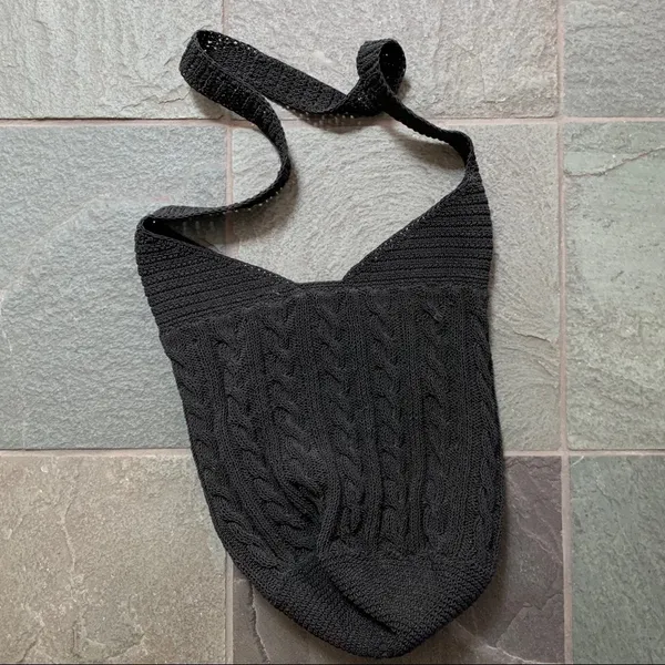 Black lined crochet cable stitch boho shoulder sling bag cotton blend - Image 2